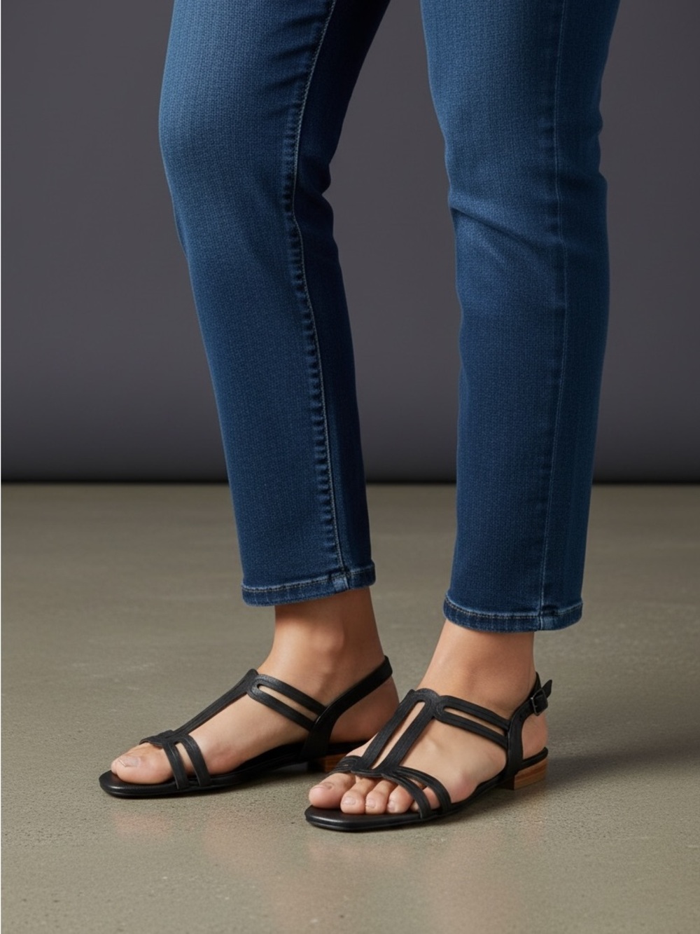 Vaneli Black Strappy T-Front Flat Sandals